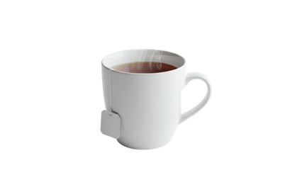 Steaming beverage in a white ceramic mug with a tea bag, against a stark black background