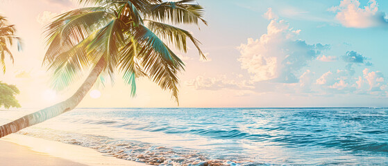 Serene tropical beach scene with a leaning palm tree overlooking the calm ocean under a warm, cloudy sky.
