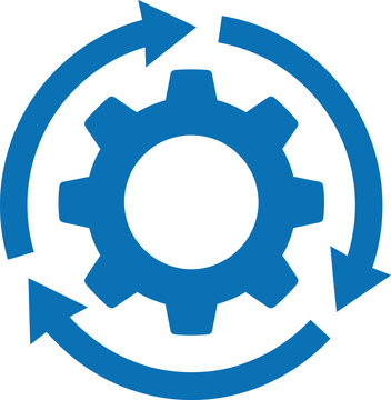 Blue gear symbol with circular arrows indicating process or continuous improvement on transparent background