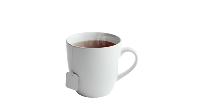 Steaming beverage in a white ceramic mug with a tea bag, against a stark black background