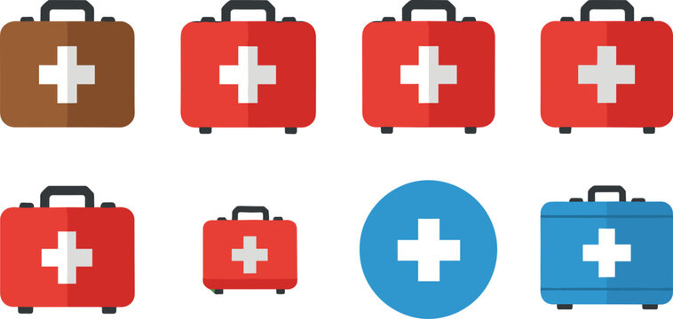 Flat style first aid kit vector set featuring various medical emergency boxes with cross symbols in multiple colors for healthcare and safety designs.
