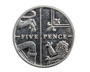 5 pence coin on a white isolated background