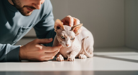 Man petting sphynx cat while sitting at a sunlit table indoors