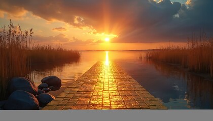 Golden brick pathway leads to tranquil lake at sunset. Sun reflection on water creates a serene, magical atmosphere. Reeds frame the calm water and sky.