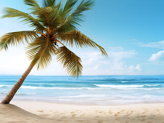 Fototapeta premium Palm tree on a sandy beach with blue sky and ocean waves.
