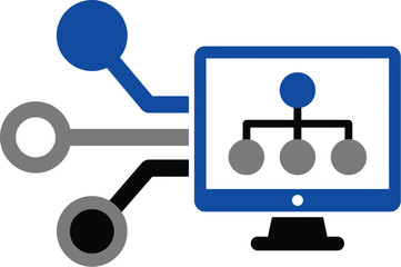 Blue computer monitor with connected nodes and branching network diagram ideal for data visualization on transparent background