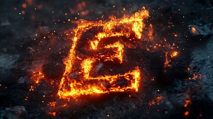 Fiery uppercase letter e ablaze with intense orange and yellow flames and sparks on a textured, smoldering surface
