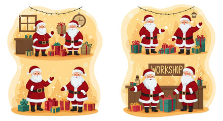 Santa Claus and his helpers in a festive workshop preparing gifts for Christmas celebrations
