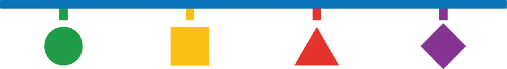 Colorful geometric shapes hanging from a blue bar including a circle square triangle and diamond on transparent background