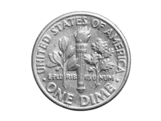 one dime coin isolated on white background