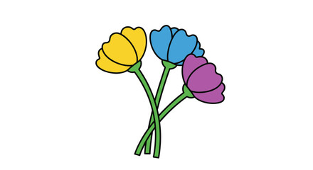 Simple illustration of three colorful stylized flowers with yellow, blue, and purple petals and green stems.