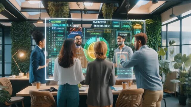 Diverse team of professionals collaborating in a modern, green office using a futuristic holographic interface with data charts. - Powered by Adobe