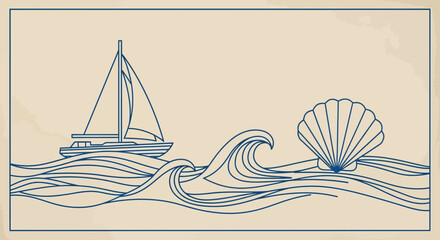Vintage nautical line art illustration featuring a sailboat, ocean waves, and a seashell on a beige background.