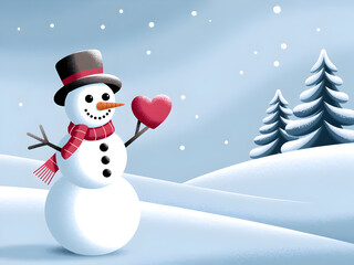 Obraz premium Charming snowman in a winter wonderland holding a red heart wearing a hat and scarf