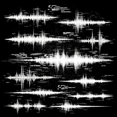 Abstract white sound waves or audio waveforms with digital glitch effects on a black background.