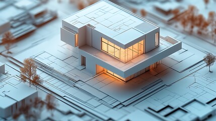 Architectural model of a modern minimalist house with glowing interiors on a blueprint urban planning base.