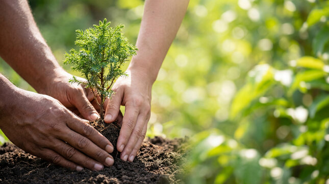Interracial Hands Planting Small Green Tree Sapling for Environmental Sustainability