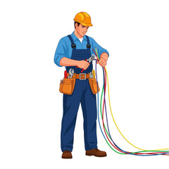 A male electrician in a hard hat and overalls working with colorful electrical wires and pliers.