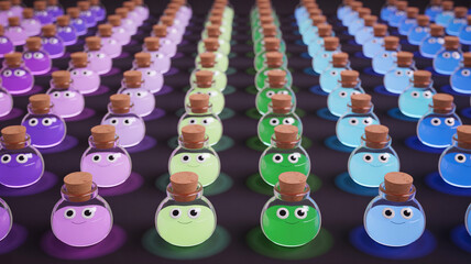 Fototapeta premium Delightful rows of cute, smiling potion bottles in vibrant purple, green, and blue hues, perfect for fantasy, gaming, or whimsical projects