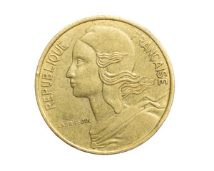 five france centimes coin on a white isolated background