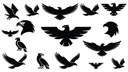 Collection of black eagle silhouettes in various poses on a white background