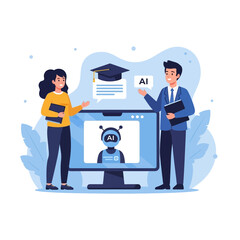 Two people learning about artificial intelligence and technology with a robot on a computer screen.