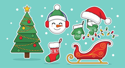 Festive Christmas Icons Snowman, Sleigh, Stocking, Tree, Lights & Hat