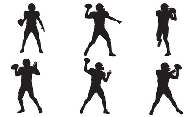Collection of american football player silhouettes in various poses and actions silhouette