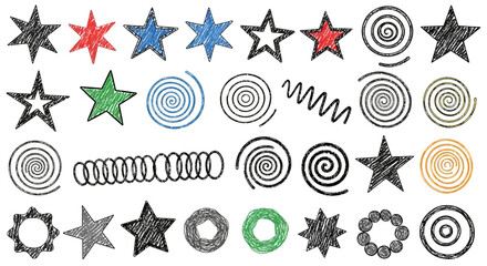 A collection of hand-drawn sketchy stars, spirals, and various abstract shapes in different colors and styles.