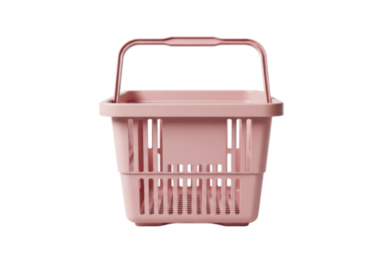 Small pink plastic shopping basket with a handle, perfect for quick purchases or carrying small item, isolated on transparent background