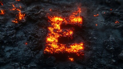 Fiery letter e on dark cracked ground, glowing red hot with intense flames and sparks, a symbol of extreme power.