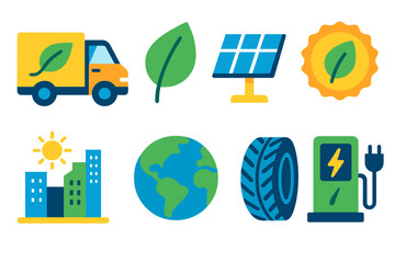 Obraz premium Modern Eco Transport Icons. Sustainable Transport flat icon set: electric truck, leaf icon, charging station, solar panel, city skyline, tire track, globe, eco badge