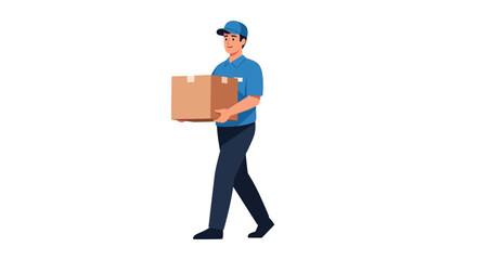 A delivery man in a blue uniform carrying a brown cardboard box while walking.