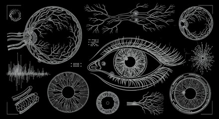 Detailed anatomical and conceptual illustrations of the human eye and vision system with neural network elements on a black background.