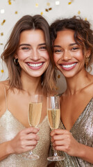 Joyful new year celebration with two friends in glamorous dresses holding champagne