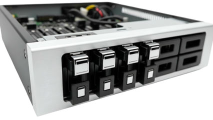 Close-up of a silver computer server with drive bays and internal components