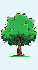 Vibrant green cartoon tree with a sturdy brown trunk and wavy leaves against a light background, hand-drawn style illustration.