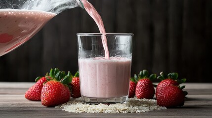 Fresh strawberry horchata being poured from glass pitcher into clear tumbler with whole strawberries and rice grains on rustic wooden surface background