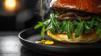 Golden truffle oil drizzling over gourmet burger with fresh arugula and caramelized onions on dark ceramic plate, premium restaurant dining experience