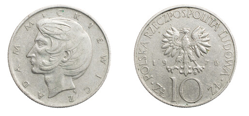 ten Polish zloty coin on a white isolated background