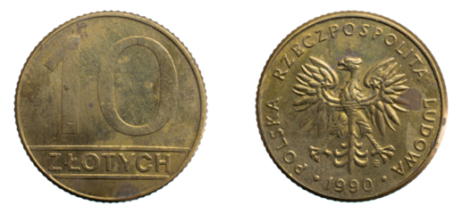 ten Polish zloty coin on a white isolated background