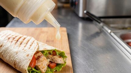 White Sauce Drizzling from Squeeze Bottle onto Grilled Chicken Wrap