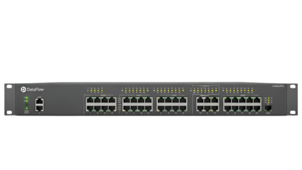 A rackmount network switch with multiple ports, indicator lights, and a dark background