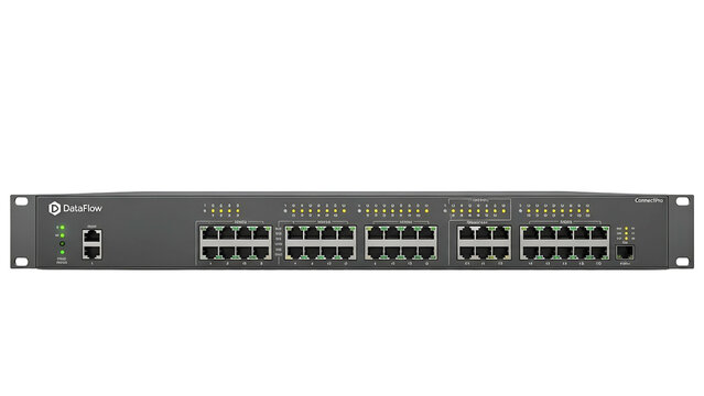 A rackmount network switch with multiple ports, indicator lights, and a dark background