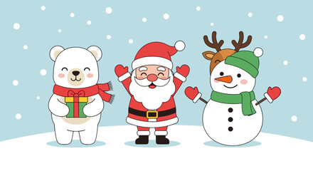 Adorable Christmas characters including a polar bear, Santa Claus, and a snowman, celebrating in a snowy winter scene