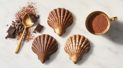 Chocolate conchas with shell-pattern design on white marble surface, flatlay with cocoa powder, dark chocolate pieces and golden spoon, Mexican pastry dessert