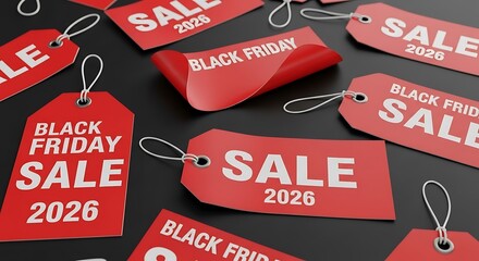 Black Friday sale promotions for 2026 with red tags, perfect for advertising campaigns and enticing shoppers with deals and discounts this season