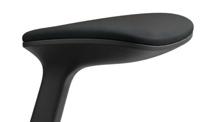 Close-up of a sleek, black, ergonomic chair armrest, softly curved
