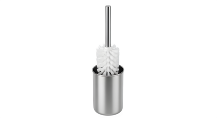 Toilet brush with a stainless steel handle and holder, isolated on transparent background