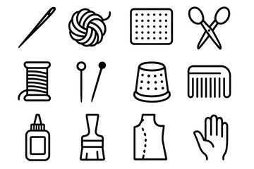 Craft Tool Icons. Craft tools linear icon set: needle, wool fiber, mat, scissors, thread, pin, thimble, comb, glue bottle, brush, pattern, hand